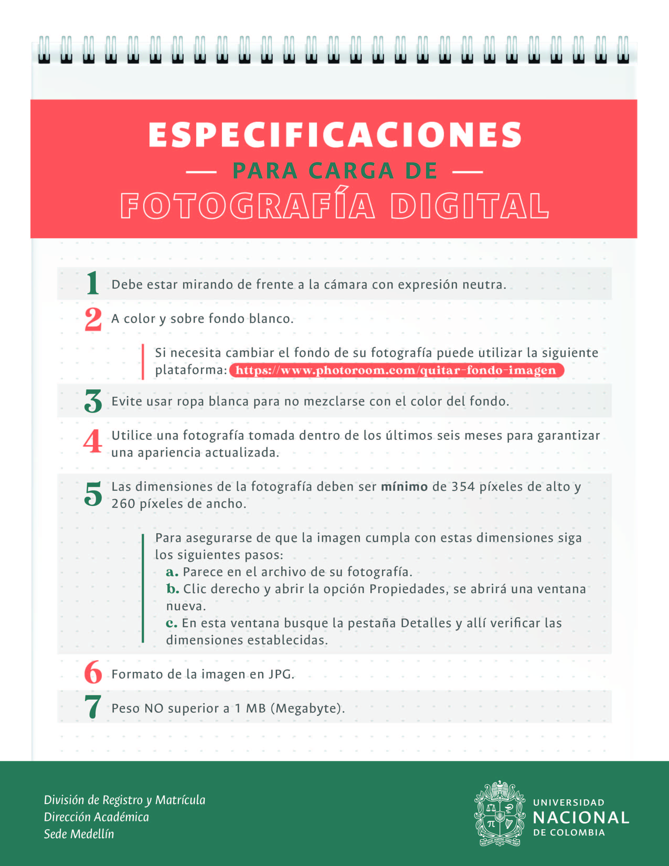 Especificaciones de la fotografía
